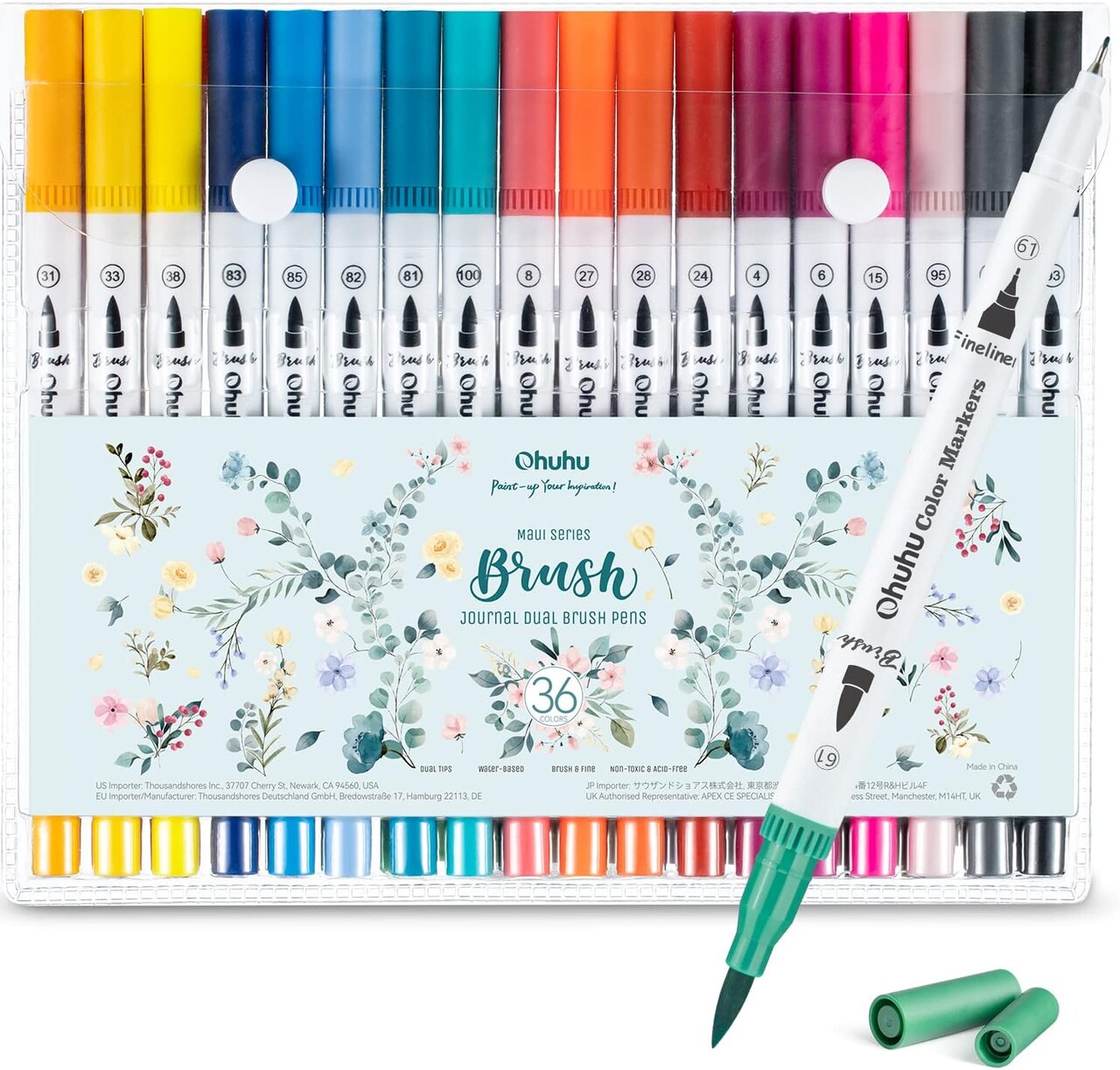 Ohuhu Markers for Adult Coloring Books: 36 Colors Coloring Markers Dual Tips Fine & Brush Pens Water-Based Art Markers for Kids Adults Drawing Sketching Bullet Journal Non-bleeding - Maui - White